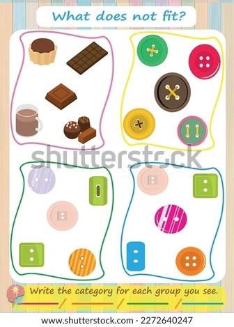 A logic puzzle for kids. What does not fit? Chocolate and color buttons are educational games for children. Worksheets in vector design for kids.
