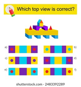 Logic puzzle for kids. Which top view is correct? IQ training test. Worksheet. Answer is F.