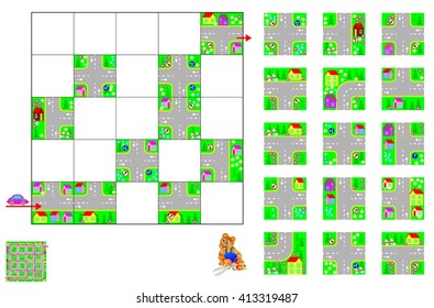 Logic puzzle with labyrinth. Cut the squares and place them correctly. Need to pass by car through the streets respecting traffic signs. U-turns are prohibited. Vector image.