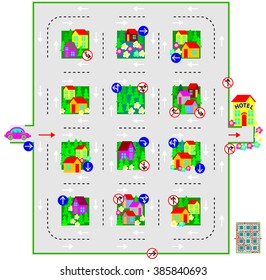Logic puzzle with labyrinth. Draw the line from car to the hotel respecting traffic signs. U-turns are prohibited. Vector image.