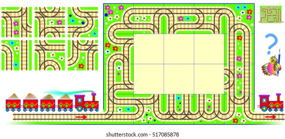 Logic puzzle with labyrinth. Need to draw the railroad rails using remaining squares and find the way for train from beginning to end. Vector image.