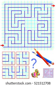 Logic puzzle with labyrinth. Need to find the only one correct piece and draw it so to pass the way from beginning to end. Vector image.
