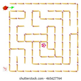 Logic puzzle with labyrinth - need to remove one matchsticks so that the ladybird could walk till the flower. Vector image.