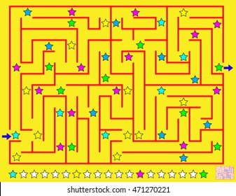 Logic puzzle with labyrinth. Paint the line of stars which you meet on your way respecting regularity. Vector image.