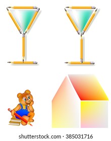 Logic puzzle. Move six pencils to make one house from two glasses. Vector image. 