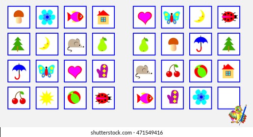 Logic puzzle. Need to find the missing object and draw it in empty square. Vector image.