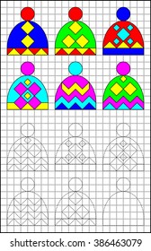 Logic puzzle on a square paper. Find the pair for each cap and paint it in relevant ornament. Developing children skills for counting and drawing. Vector image.