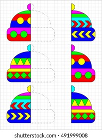 Logic puzzle on a square paper. Need to find the corresponding halves of caps, then draw and paint them in relevant ornament. Developing children skills for counting and drawing. Vector image. 