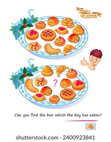 Logic puzzle for smartest. Can you find the bun which the boy has eaten? Educational game. Page for kids brain teaser book. Task for attentiveness. IQ test. Play online. Flat cartoon vector.