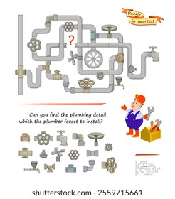 Logic puzzle for smartest. Can you find the plumbing detail which the plumber forget to install? Educational game. Page for kids brain teaser book. Task for attentiveness. Flat vector illustration.