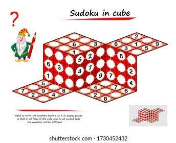 Logic puzzle Sudoku game in 3D space. Need write numbers from 1 to 9 in empty places so that in all faces of cubes and on all curved lines they will be different. Page for brain teaser book. IQ test.