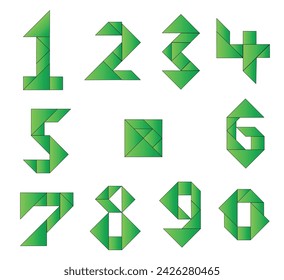 Logic puzzle Tangram of green geometric shapes forming a square. Numbers figures. Vector illustration