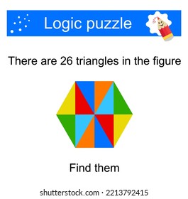 Logic puzzle. There are 26 triangles in the figure. Need to find them. Vector illustration. Flat style design.