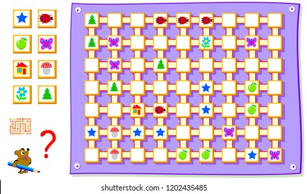 Logic puzzles game with labyrinth for children and adults. Need to join squares by straight line to get closed circuit. Each sign you can meet only once. Vector cartoon image.