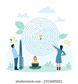 Logic quest, business challenge vector illustration. Cartoon tiny people with pen and laptop think about shortcut to light bulb in maze, characters solve complicated problem, find success solution