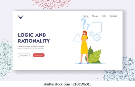 Logic and Rationality Landing Page Template. Female Character with Critical Thinking, Woman with Shapes, Cogwheels and Question Mark over Head. Searching Solution. Cartoon People Vector Illustration