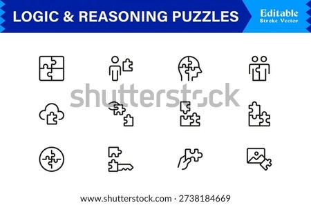Logic And Reasoning Puzzles Professional Line Icon Set – Modern Minimal Outline Collection Featuring Brain Teasers, Smart Challenges, Thinking Symbols And Unique Concepts