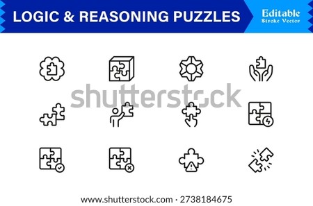 Logic And Reasoning Puzzles Professional Line Icon Set – Modern Minimal Outline Collection Featuring Brain Teasers, Smart Challenges, Thinking Symbols And Unique Concepts