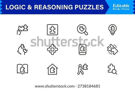 Logic And Reasoning Puzzles Professional Line Icon Set – Modern Minimal Outline Collection Featuring Brain Teasers, Smart Challenges, Thinking Symbols And Unique Concepts
