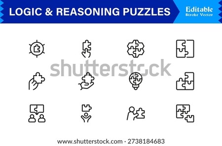 Logic And Reasoning Puzzles Professional Line Icon Set – Modern Minimal Outline Collection Featuring Brain Teasers, Smart Challenges, Thinking Symbols And Unique Concepts
