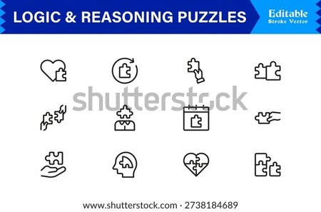 Logic And Reasoning Puzzles Professional Line Icon Set – Modern Minimal Outline Collection Featuring Brain Teasers, Smart Challenges, Thinking Symbols And Unique Concepts