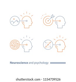 Logic smart games, strategic concept logo, brain training task, optical illusion, labyrinth, riddle solving, critical thinking development, cognitive skill improvement, vector line icon, thin stroke