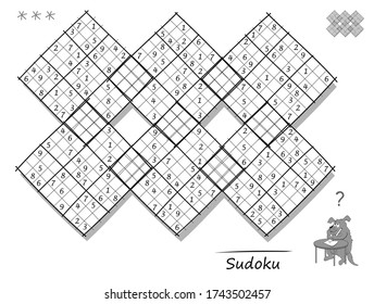 Logic Sudoku diagonal game for children and adults. Big puzzle with 6 squares, difficult level. Printable page for kids brain teaser book. Black and white vector. Play online.