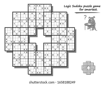Logic Sudoku game for children and adults. Big size puzzle with 8 squares, difficult level. Printable page for brain teaser book. Developing counting skills. IQ test. Black and white vector image.