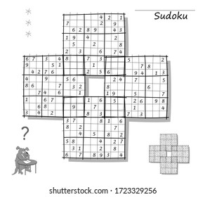 Logic Sudoku game for children and adults. Big size puzzle with 4 squares, difficult level. Printable page for kids brain teaser book. Developing counting skills. IQ test. Black and white vector. svg