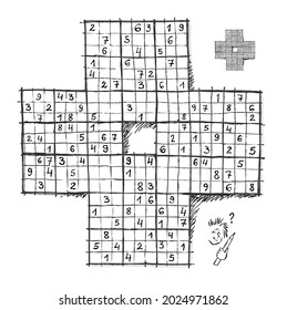 Logic Sudoku game for children and adults. Big size puzzle with 4 squares, difficult level. Printable page for kids brain teaser book. Developing counting skills. Play online. Black and white vector.