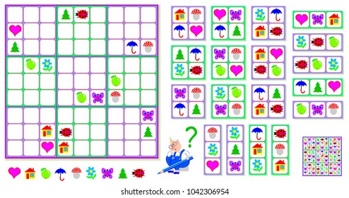 Logic Sudoku game. Need to complete the puzzle using the remaining details. Vector image.