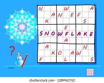 Logic Sudoku game. Need to complete the puzzle using the letters from word snowflake. Printable page for brainteaser book. Developing spatial thinking. Vector image.
