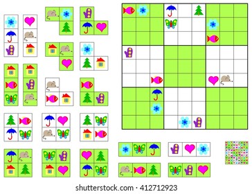 Logic Sudoku game - need to complete the puzzle using the remaining details. Vector image.