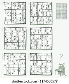 Logic Sudoku game. Set of different level puzzles. Worksheet for children and adults. Vector image.