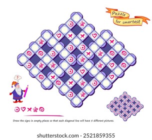 Logic Sudoku puzzle game for children and adults. Draw the signs in empty places so that each diagonal line will have 5 different pictures. Page for kids brain teaser book. Flat vector illustration.