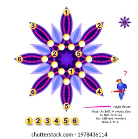 Logic Sudoku puzzle game for smartest. Magic flower. Place the balls in empty slots so that each line has different numbers from 1 to 6. Brain teaser book. Play online. Memory training for seniors.