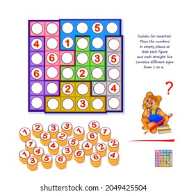 Logic Sudoku puzzle game for smartest. Place the numbers in empty places so that each figure and each straight line contains different signs from 1 to 6. Page for kids brain teaser book. Play online.