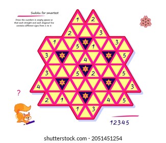 Logic Sudoku puzzle game for smartest. Draw the numbers in empty spaces so that each straight and each diagonal line contains different signs from 1 to 5. Page for kids brain teaser book.Play online