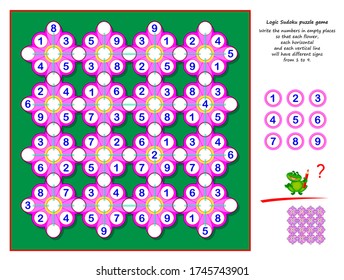 Logic Sudoku puzzle game. Write numbers in empty places so that each flower, each horizontal and vertical line have different signs from 1 to 9. Page for children brain teaser book. Play online.