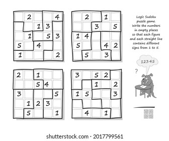 Logic Sudoku puzzle game. Write the numbers in empty places so that each figure and each straight line contains different signs from 1 to 5. Brain teaser book. Play online. Black and white image.