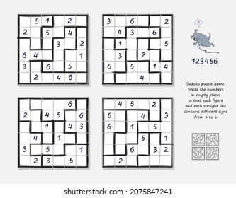 Logic Sudoku puzzle game. Write the numbers in empty places so that each figure and each straight line contains different signs from 1 to 6. Brain teaser book. Play online. Black and white image.
