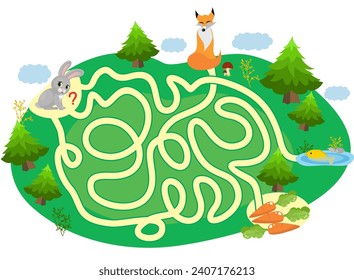 Logic task for preschoolers, maze, hare and carrot, vector illustration