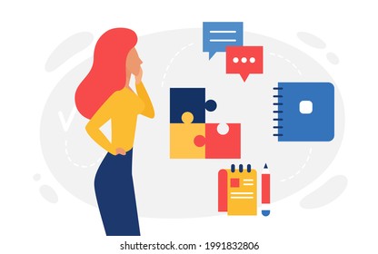 Logic thinking, abstract psychology concept vector illustration. Cartoon woman character thinks about missing piece of puzzle, lady looking for answer, online communication messenger windows icons