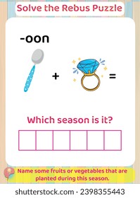 Logic thinking Solve Rebus Educational Puzzle Game for Kids, Printable Worksheet, Seasons Learning. Answer : Spring