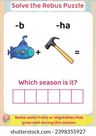 Logic thinking Solve Rebus Educational Puzzle Game for Kids, Printable Worksheet, Seasons Learning. Answer : Summer