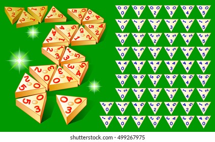 Jogo Triominoes lógica com conjunto de peças. Imagem de desenho animado vetorial.