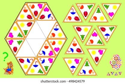 Logic Triominoes puzzle. Need to find four remaining triangles and to draw them at the correct places. Vector  cartoon image.