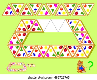 Logic Triominoes  puzzle. Need to find four remaining triangles and to draw them at the correct places to close the circuit. Vector image.