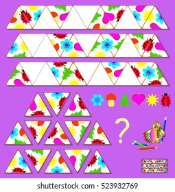 Logic Triominoes puzzle. Need to find corresponding triangles and to draw them in empty places. Vector cartoon image.