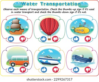 Logic water transportation worksheet  children's educational game  Choose the correct sign  activity worksheet for smart kids 